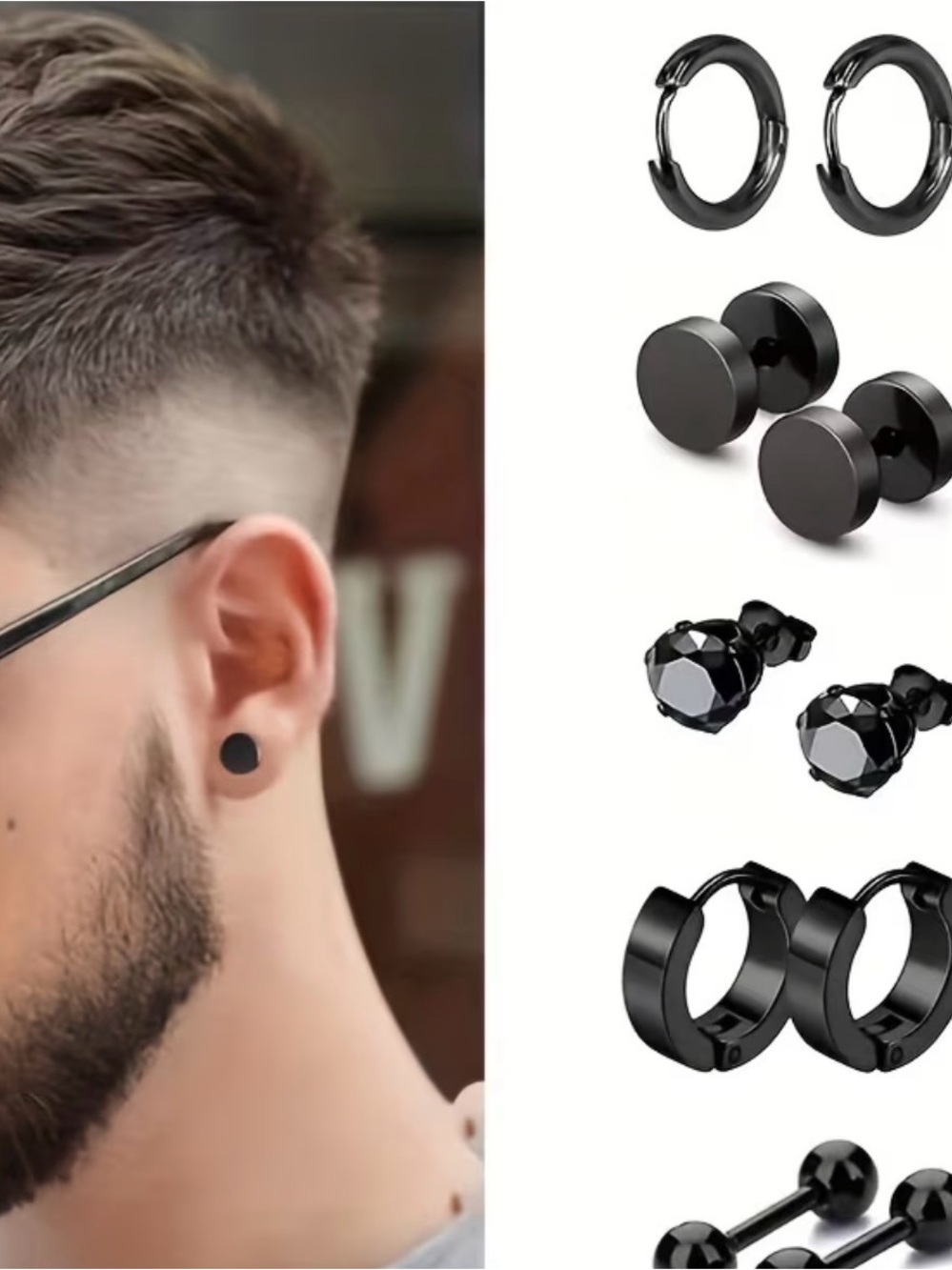 Men's Black Stainless Steel Earring Set - 6 Pairs